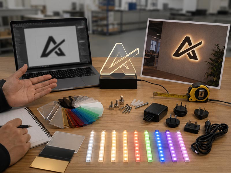 Acrylic LED logo sign quote checklist with logo file, acrylic samples, LED colors and mounting parts