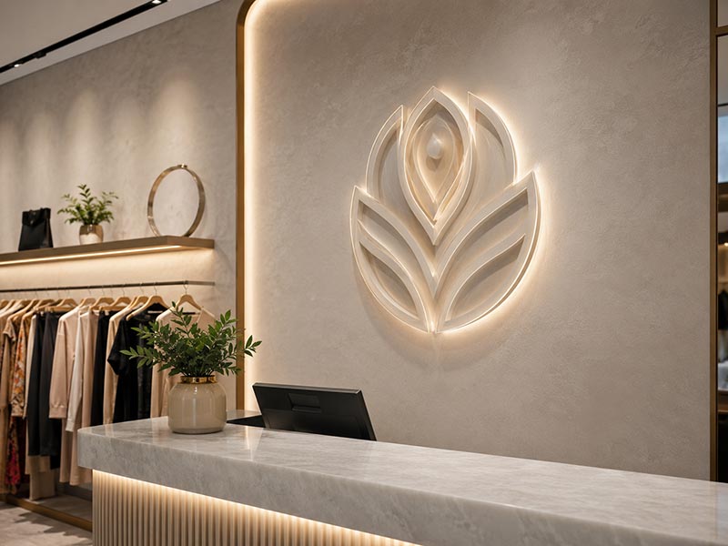 Layered acrylic LED logo sign for a boutique retail brand wall