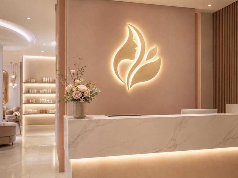 Acrylic LED logo sign for salon and clinic reception wall