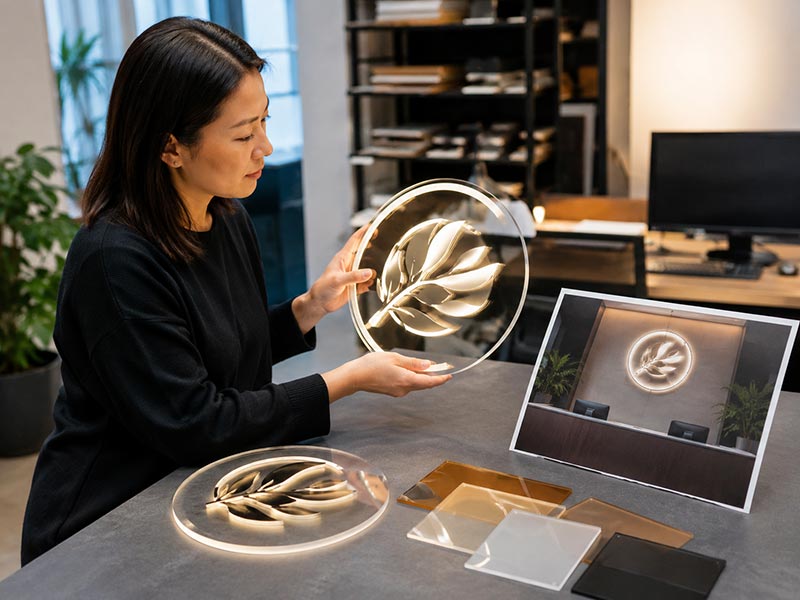 Small business owner reviewing an acrylic LED logo sign sample