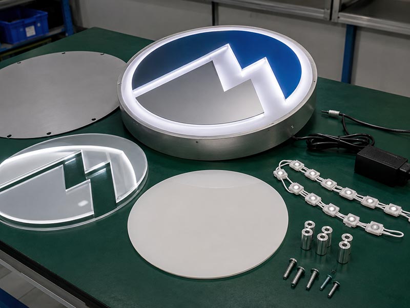 Acrylic LED logo sign structure with acrylic face, LED modules, power adapter and mounting parts