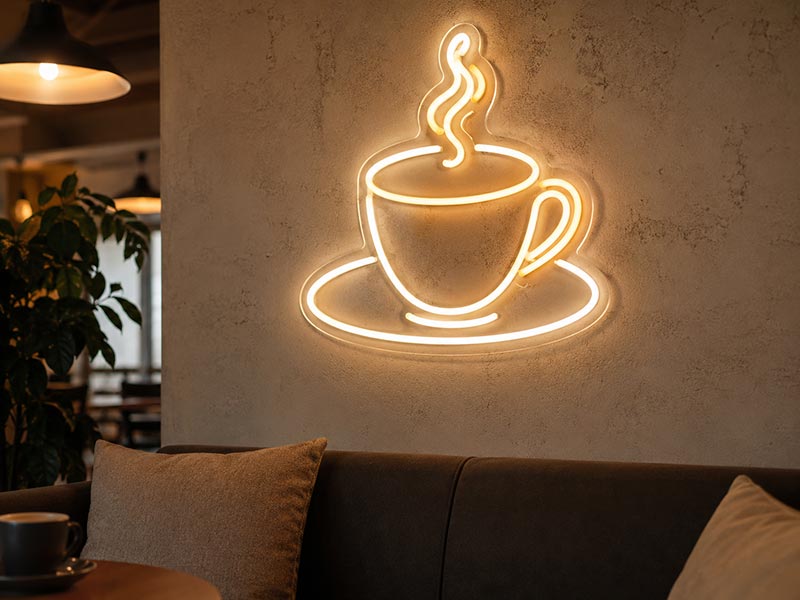 Acrylic neon logo sign with warm light on a cafe photo wall