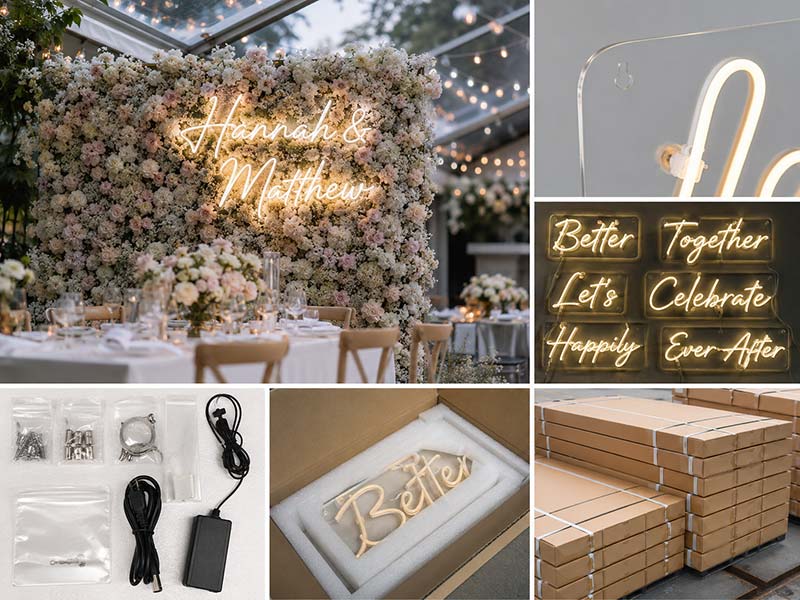 Custom wedding and event LED neon signs for an Australian event supplier with lightweight backing and safe packaging