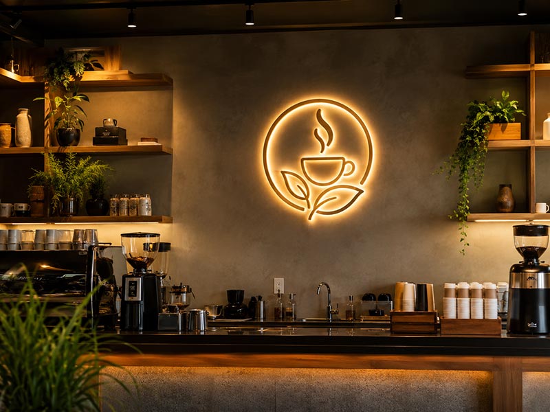 Back wall LED logo sign in coffee shop