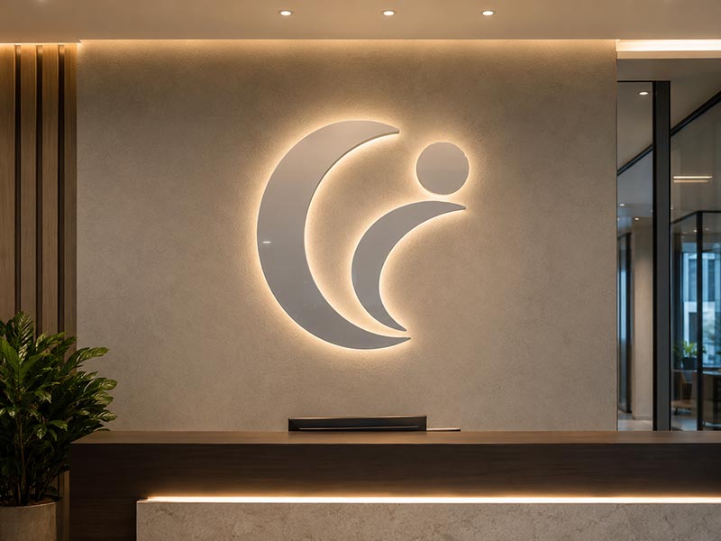 Backlit acrylic logo sign with soft halo glow on a modern reception wall