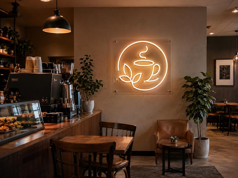 Cafe LED neon logo sign for warm restaurant interior