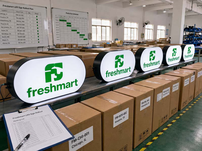 Chain store custom LED sign rollout with carton labels