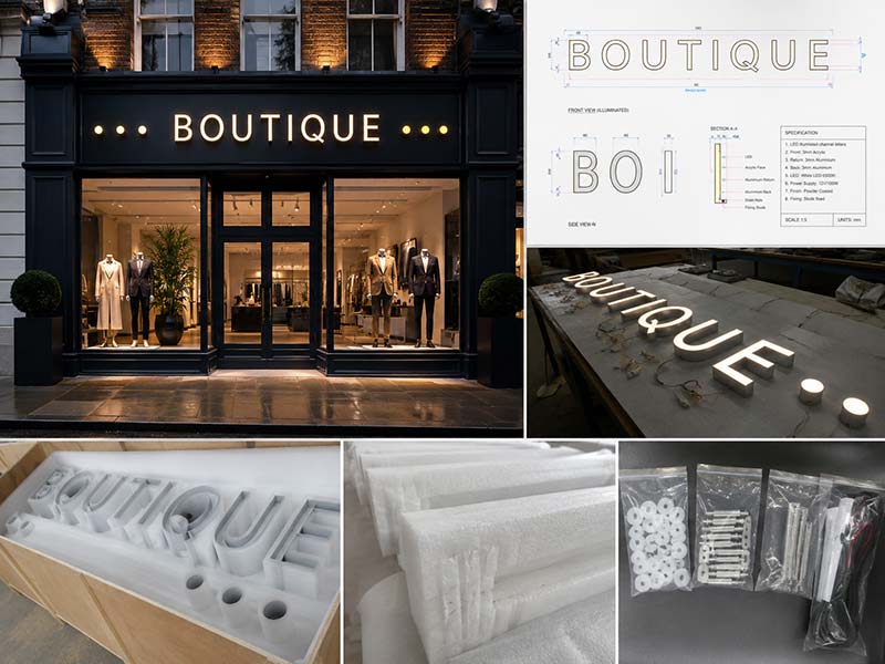 UK retail storefront using custom front-lit LED channel letters produced by a China exporter