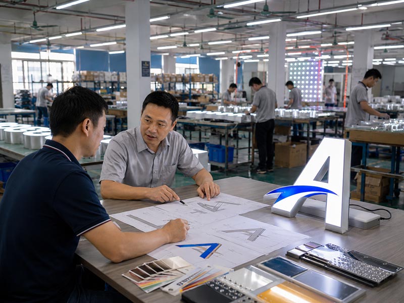 Featured image showing Iduoduo engineers reviewing custom LED sign drawings and material samples in a professional sign manufacturing workshop.