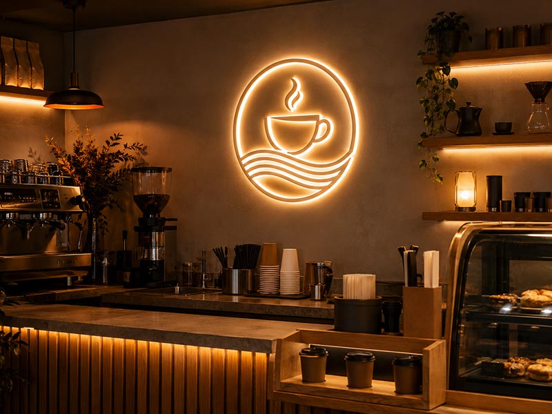 Warm coffee shop LED neon logo sign behind counter