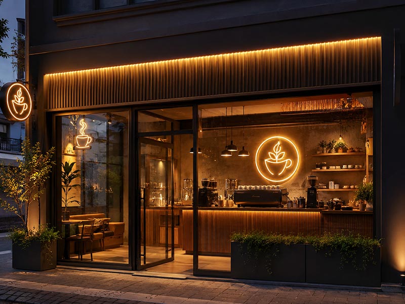 Custom coffee shop LED signs for cafe storefront and interior logo wall