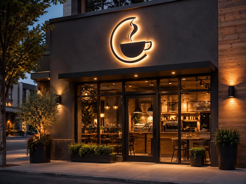Coffee shop storefront LED sign on exterior facade