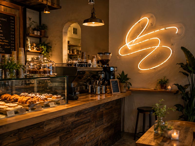 Warm custom LED neon text sign for coffee shop wall