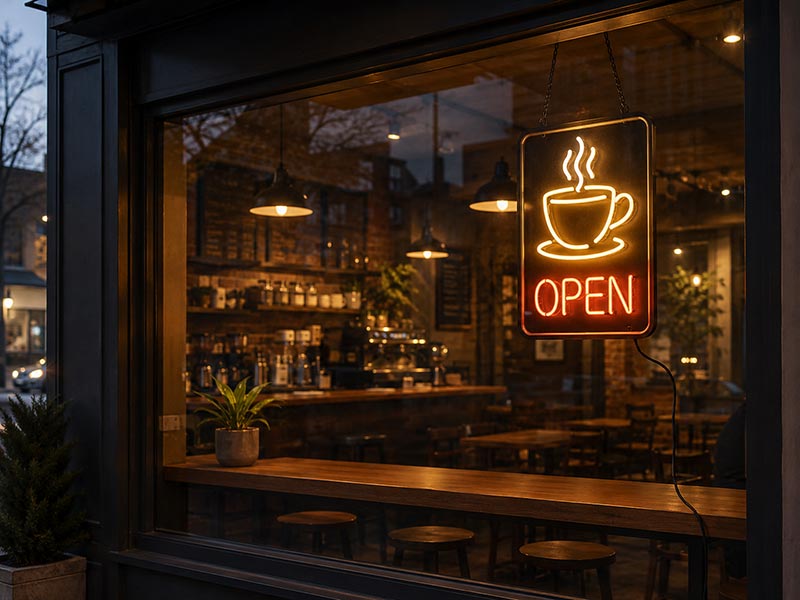 Coffee shop window open sign