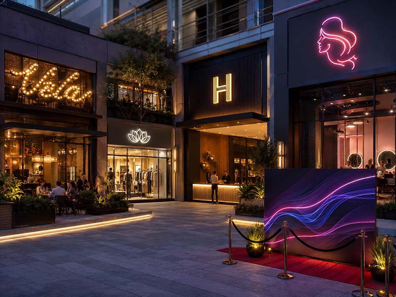 Custom LED signs for restaurants, retail stores, hotels, salons, gyms, trade shows, weddings, and commercial scenes