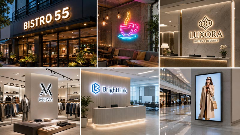 Commercial LED sign applications for restaurants retail stores hotels offices and cafés