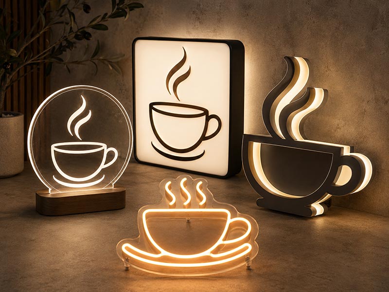 Different material structures for custom cafe signs