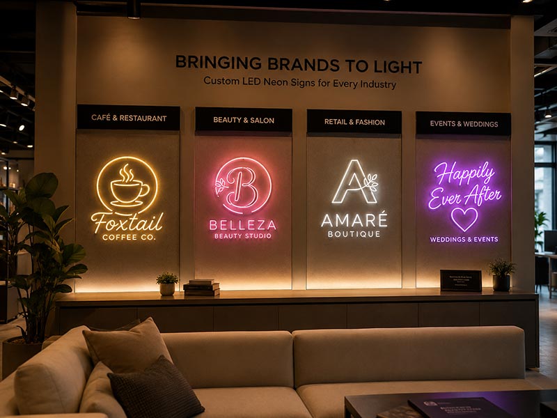 Custom LED neon signs for brands, restaurants, bars, retail stores, events, hotels, and online sellers