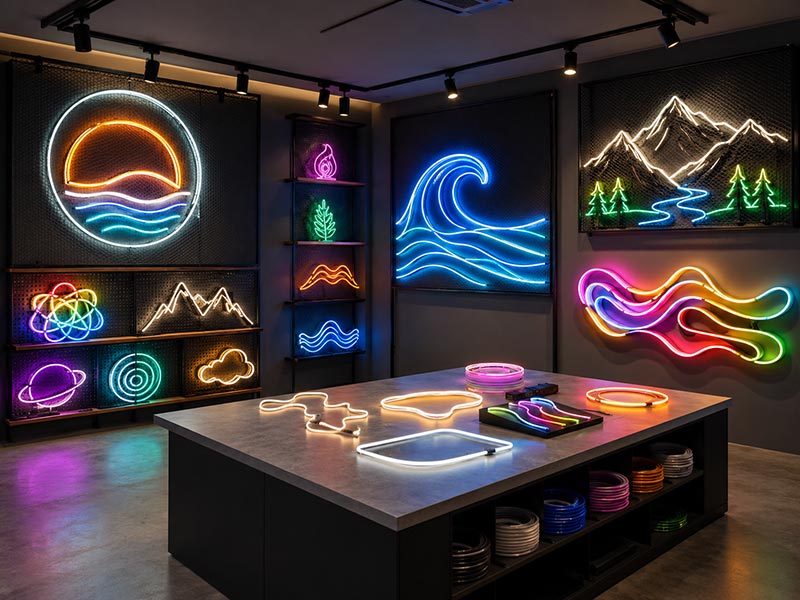 Custom LED neon sign product range displayed in a professional factory showroom
