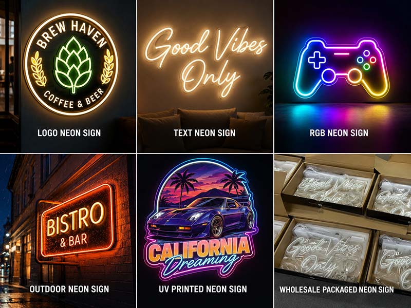 Different custom LED neon sign types manufactured by Iduoduo