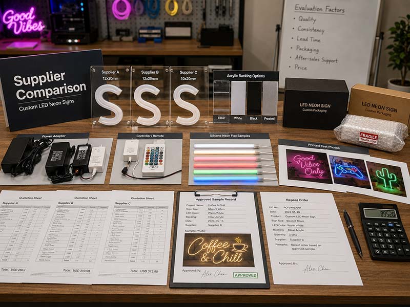 How to compare custom LED neon sign suppliers for quality, packing, testing, and repeat orders