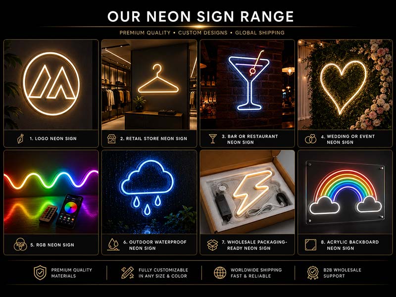 Custom LED neon signs from a China manufacturer for logos stores bars events outdoor use and wholesale orders