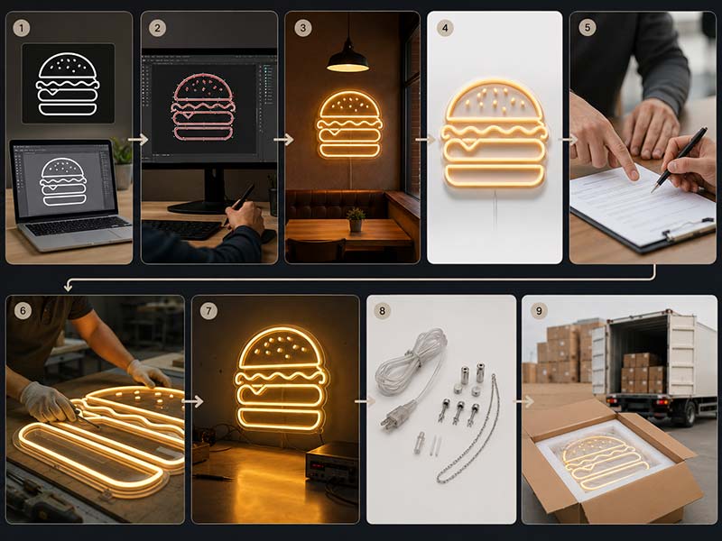 Custom LED neon sign workflow from logo design proof to production testing and export packing