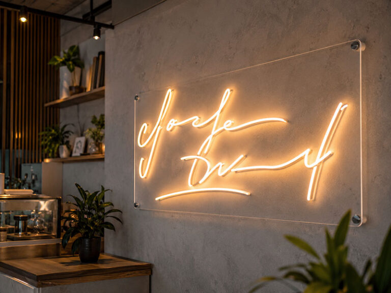 Custom LED neon text sign with clear acrylic backing