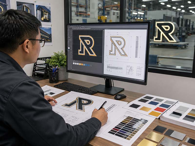 Custom LED sign design file review with vector logo, production drawing, size marks, and color samples before manufacturing