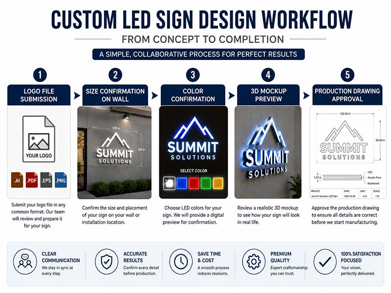 Custom LED sign design workflow showing logo file review, size confirmation, color selection, 3D mockup, and production drawing approval