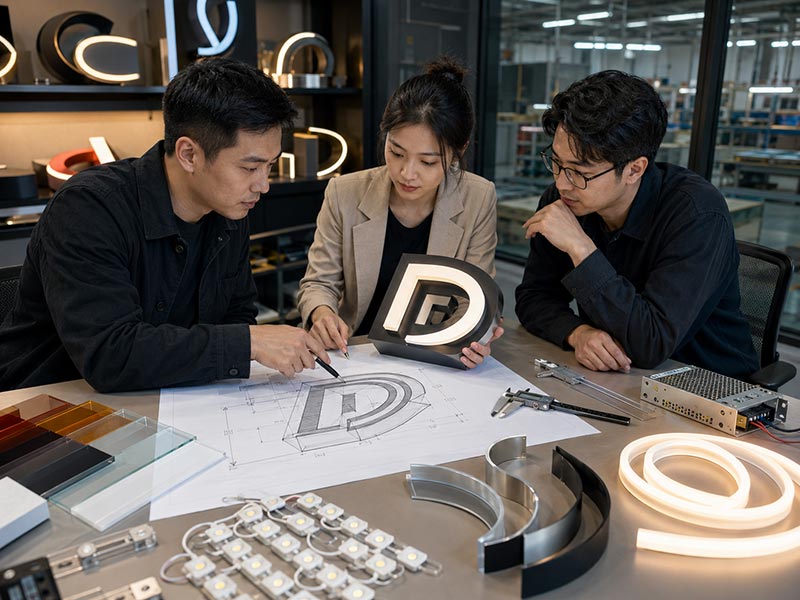 Engineers reviewing custom LED sign artwork, materials, lighting method, wire exit, and mounting details before production