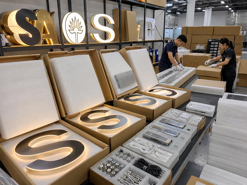 Custom LED sign export packaging with protective foam, accessory kits, cartons, and logistics preparation
