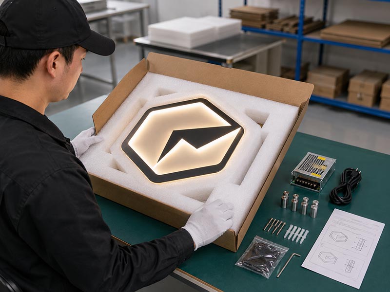 Custom LED sign packed with protective foam, power supply, screws, mounting accessories, and installation guide for export shipping