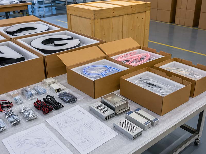 Export packing for custom LED signs with foam accessories power supplies and cartons