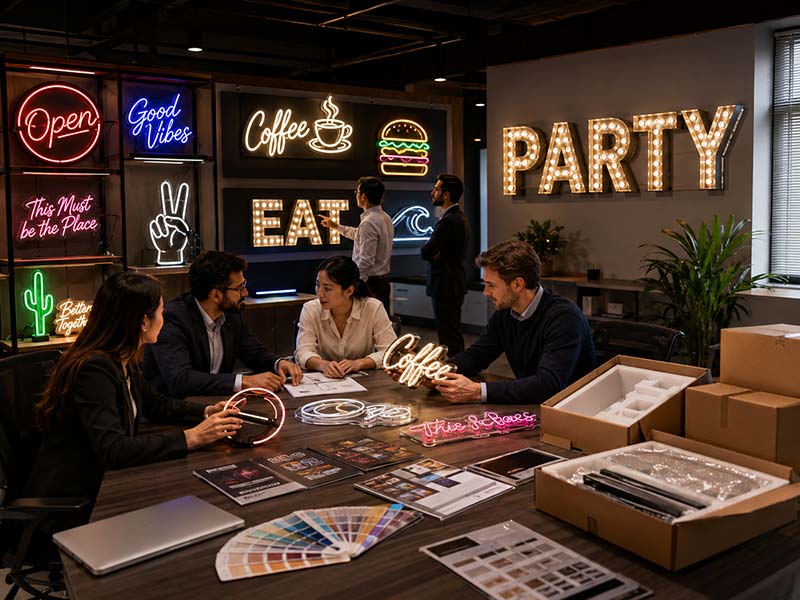 Commercial customers using custom LED signs from a China LED sign exporter for retail, restaurant, event, and wholesale projects