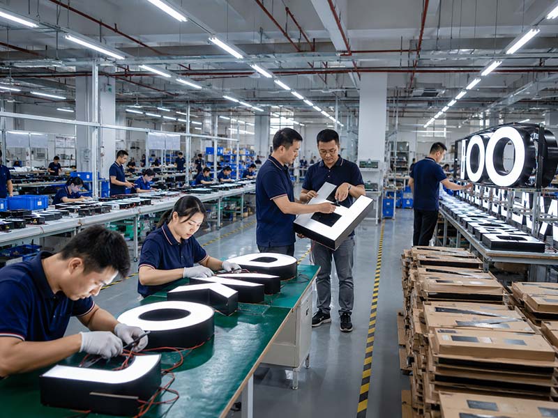 Iduoduo custom LED sign factory with production lines, engineers, workers, and QC staff supporting OEM and ODM sign projects