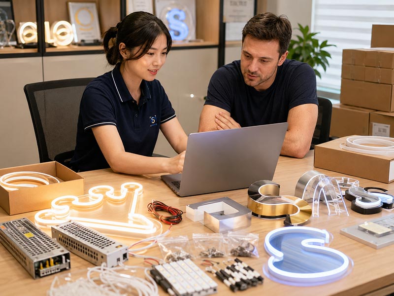 Iduoduo custom LED sign factory reviewing logo details for a commercial LED sign project