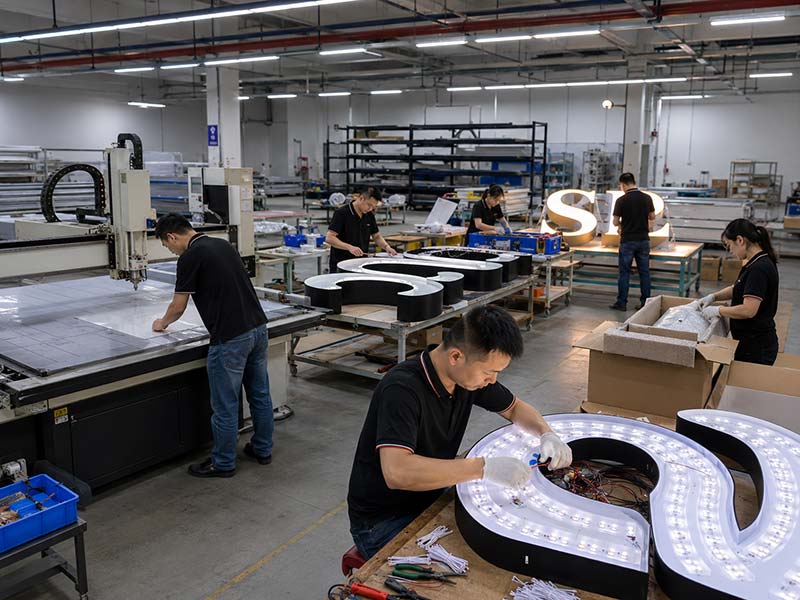Custom LED sign factory process including acrylic cutting, channel letter assembly, LED wiring, lighting test, and packing preparation