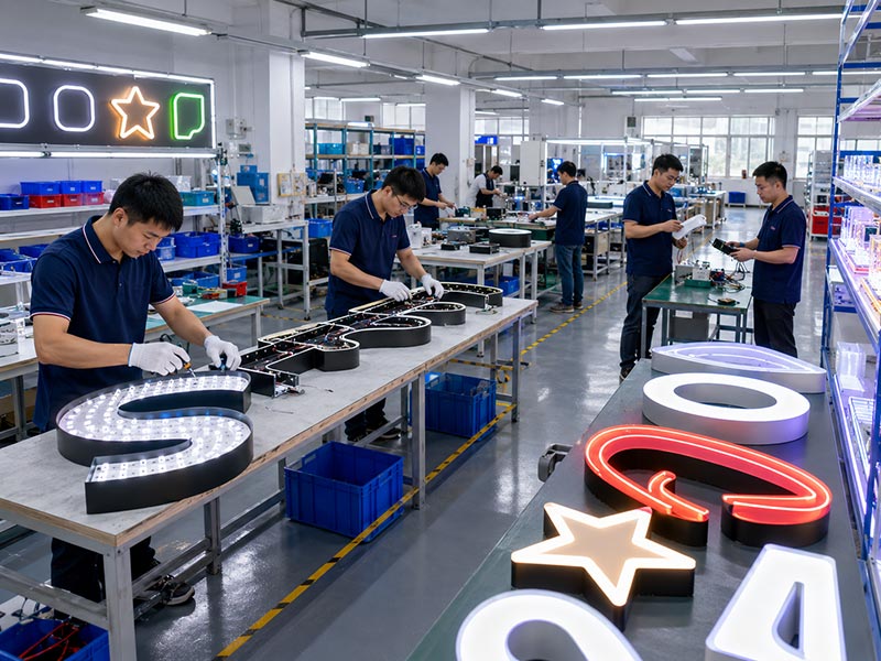 Custom LED sign factory production lines with workers assembling LED neon signs and channel letters