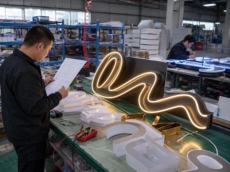 Factory worker reviewing custom LED neon sign and channel letter drawings during production and lighting testing