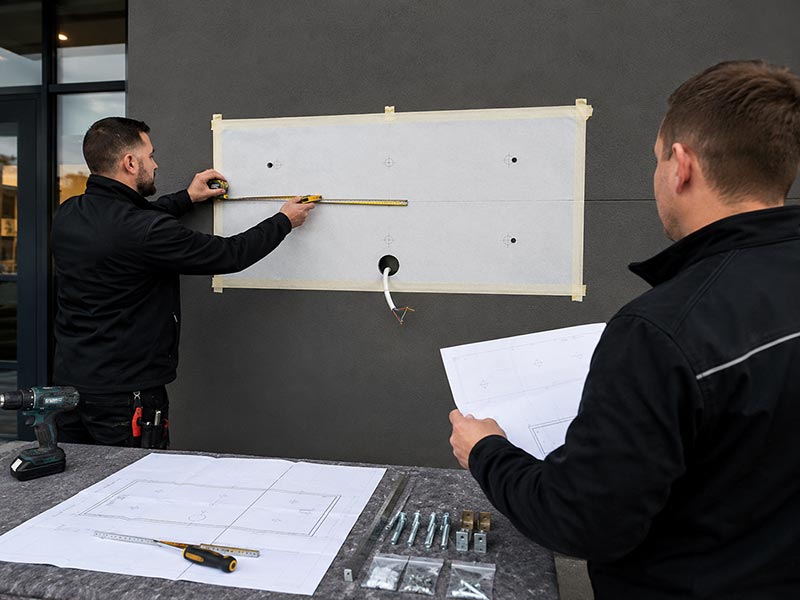 Custom LED sign installation preparation with wall mounting template, cable exit planning, screw accessories, and technical drawings