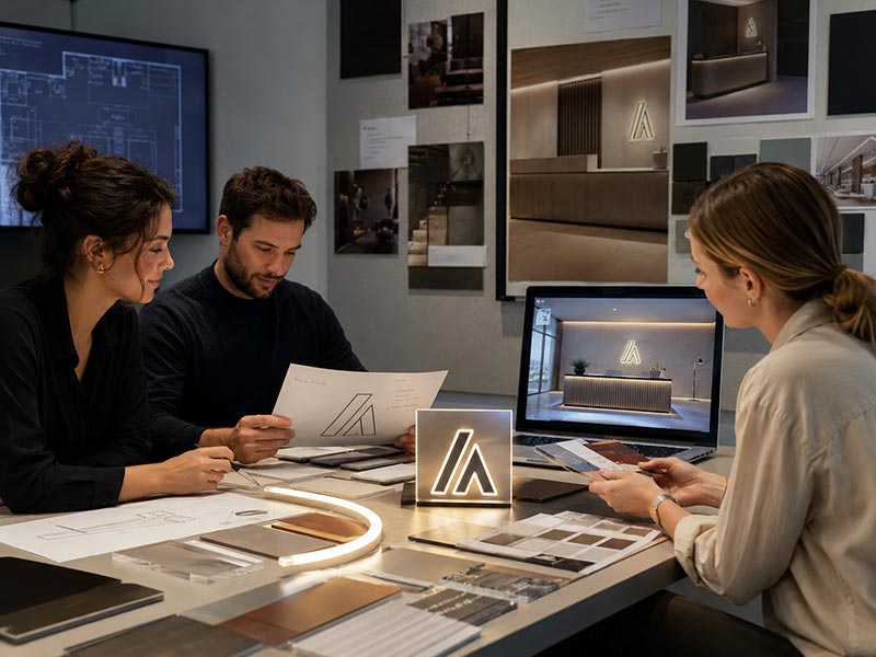 Interior designer planning custom LED signage for commercial interiors