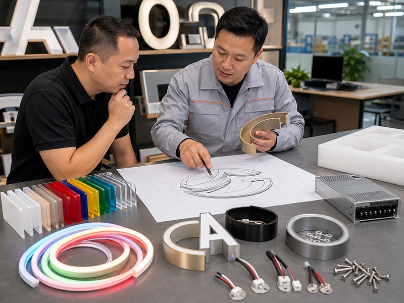 Engineer checking custom LED sign design, wire exit, mounting holes, materials, and packing details before production