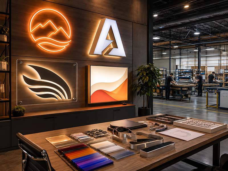 Custom LED sign maker showroom with LED neon signs, channel letters, acrylic logo signs, and light boxes