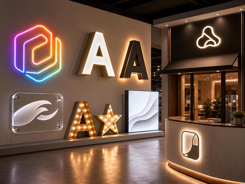 Custom LED sign maker product range including LED neon signs, channel letters, acrylic logo signs, light boxes, marquee letters, storefront signs, and reception signs