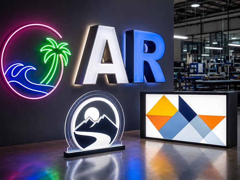 Custom LED neon sign, channel letters, acrylic logo sign, and light box displayed in a professional LED sign factory showroom