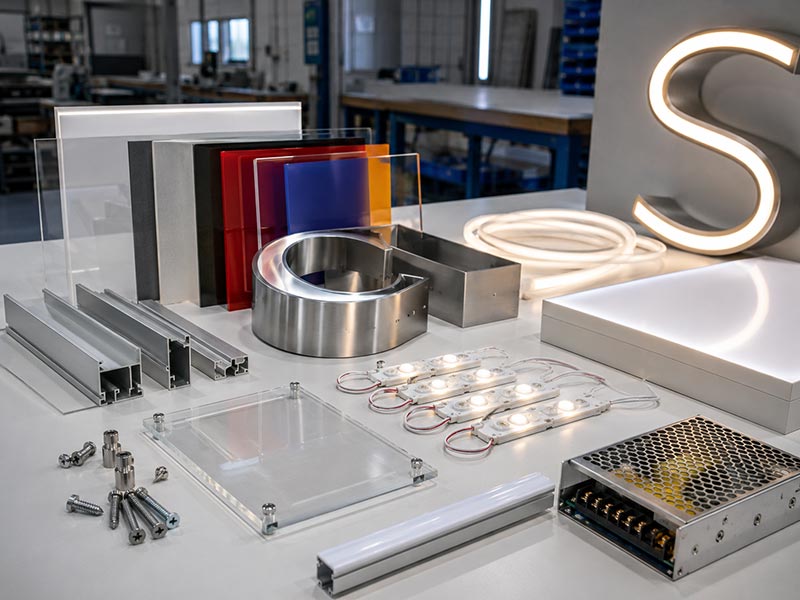 Custom LED sign materials including acrylic sheets, stainless steel letters, LED neon flex, LED modules, light box panel, backing, raceway, and power supply