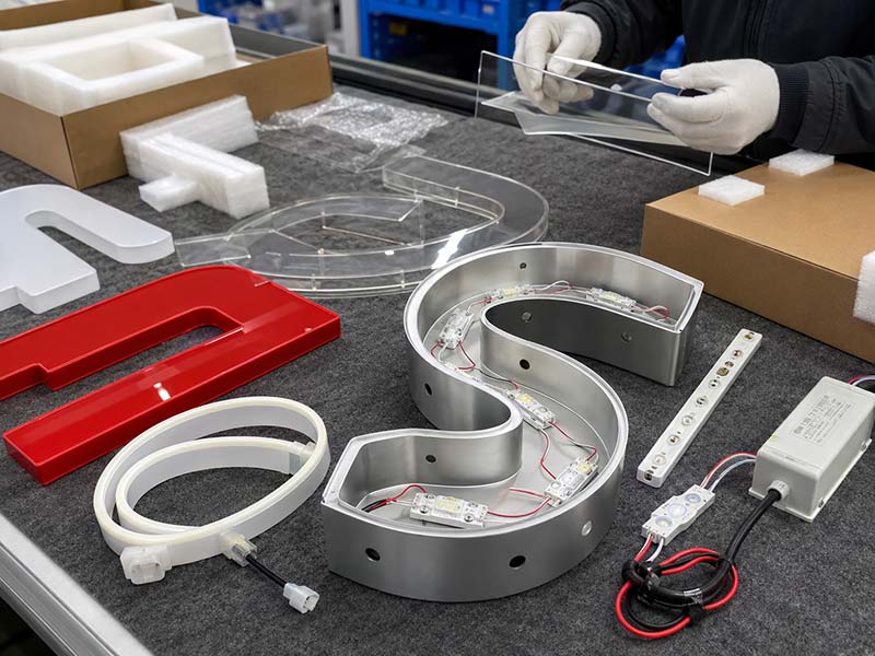 Custom LED sign materials and quality control workspace showing acrylic panels, LED modules, metal channel letters, wiring, and packaging protection.