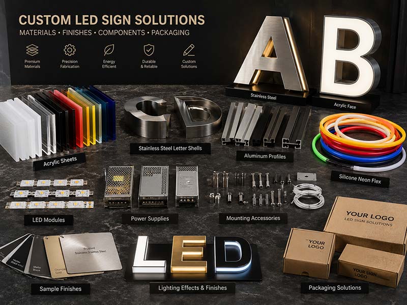 Custom LED sign options including lighting materials mounting voltage and packaging for export projects