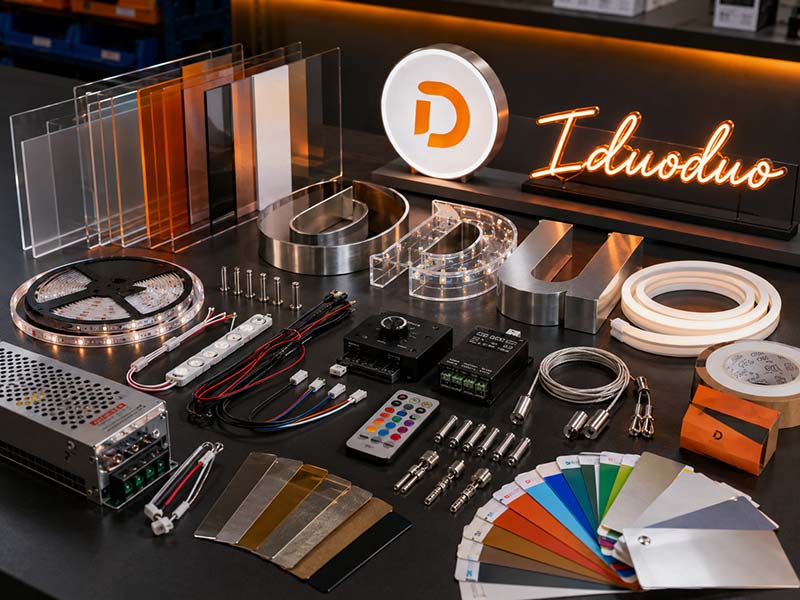 Custom LED sign materials, lighting options, mounting accessories, and packaging samples from Iduoduo